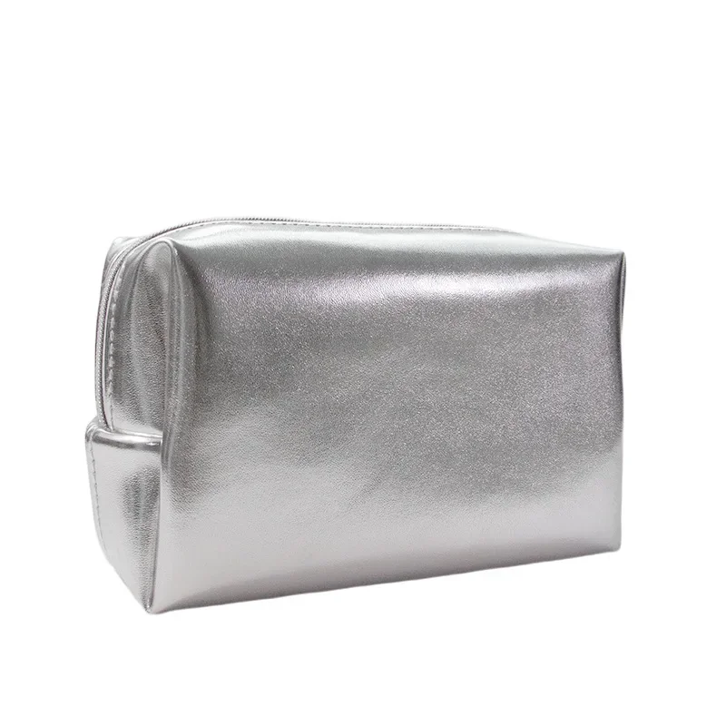 Ins New Fashion Silver Soft Leather Clutch Makeup Bag Cosmetic Storage Bag Travel Portable Skincare Organizer Toilet Bag Pouch