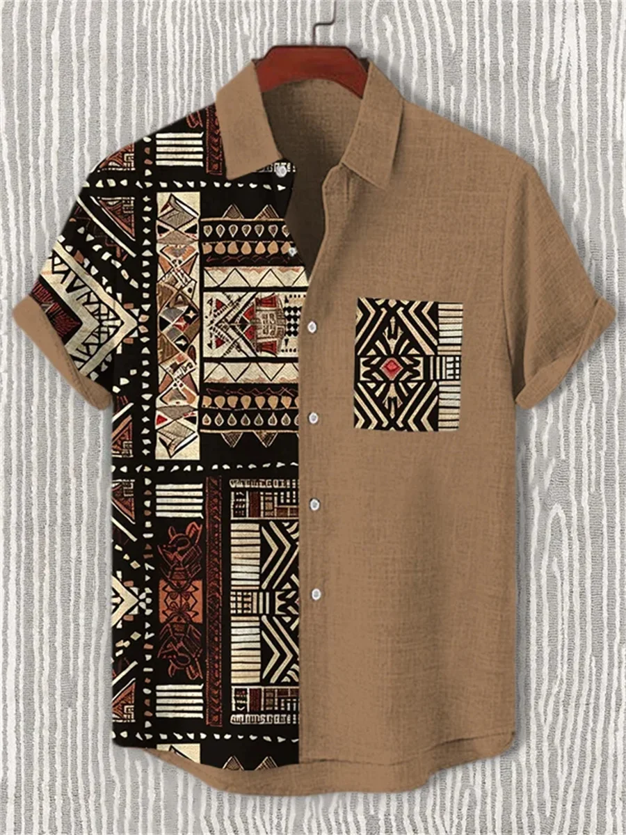 2026 Summer New Style Men's Shirt, Ethnic Style Asymmetrical Print Short-Sleeve Shirt, Retro Color Block Loose Casual Top