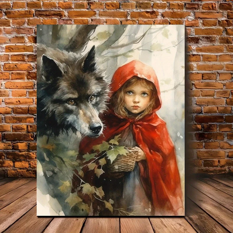 1pc Little Red Riding Hood and Wolf Canvas Art Print, Wooden Framed, Anniversary Wall Décor, 11.8x15.7 Inch, Signed Fantasy