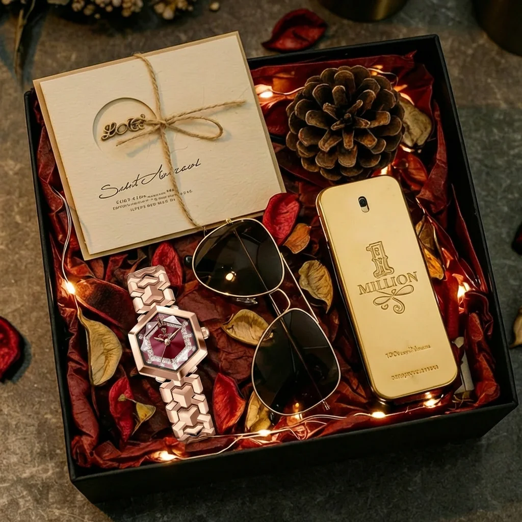 

4pcs Women's Rose Gold Red Metal Elegant Diamond-embellished Sunglasses Perfume Quartz Watch Gift Set for Birthday, Anniversary