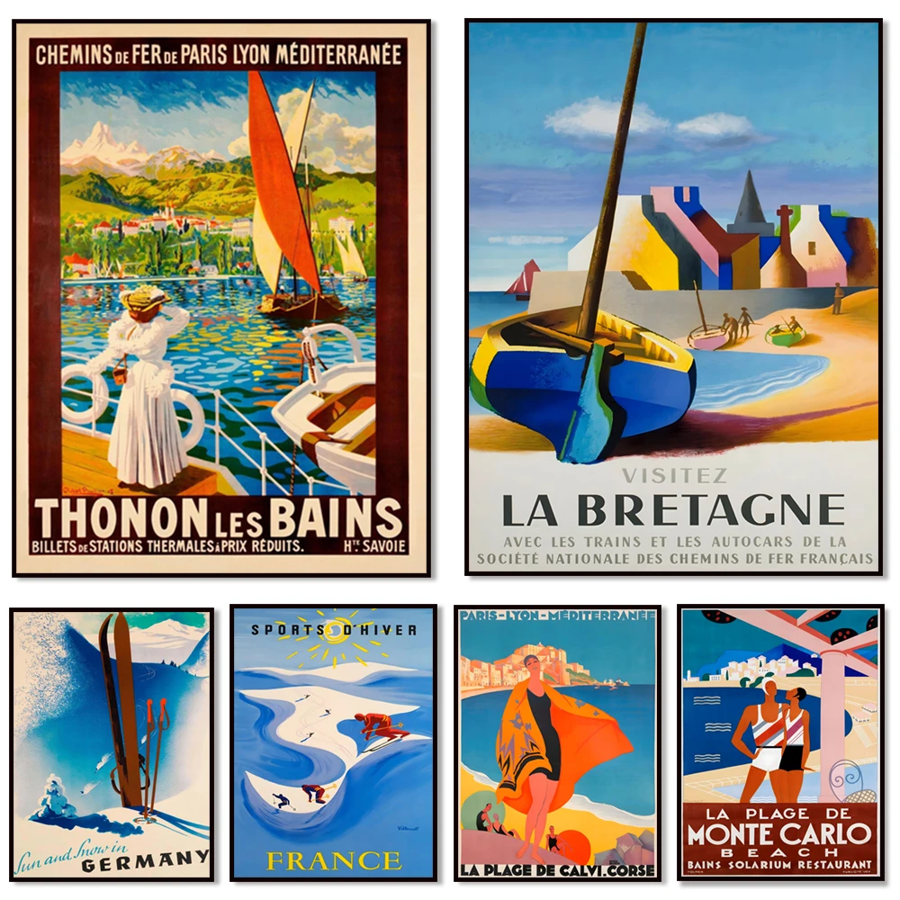 Monte Carlo Beach, Air Senegal Africa, Brittany, Alps, Skiing, Calvisica Beach, Vence 1930 Thonon-les-Bains France Travel Poster