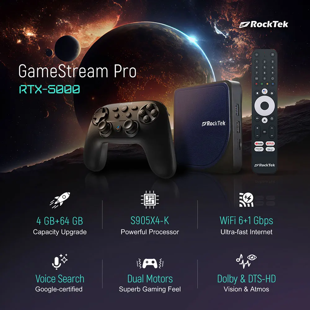 RockTek RTX5000 GameStream Pro TV Game Box AndroidTV 12 Netflix Google Certified Amlogic S905X4-K 4G64G Support DTS Dolby Audio