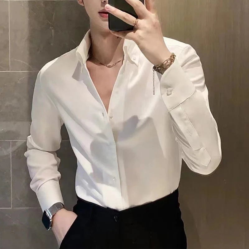 Men Clothing Spring Autumn Korean Fashion Business Casual Button Down Shirts Male Black White Long Sleeve Slim Formal Tops M-4XL