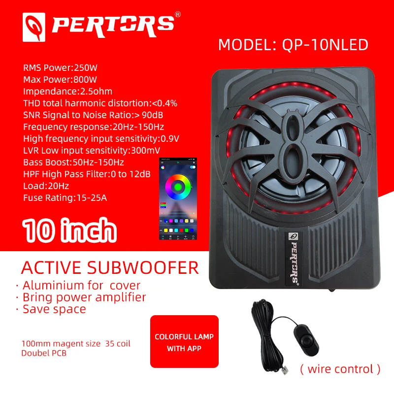 With LED Colorful QPERTORS  QP-10NLED RMS 250W 10inch Car Audio Active Subwoofer Built-in amplifier With wired remote control