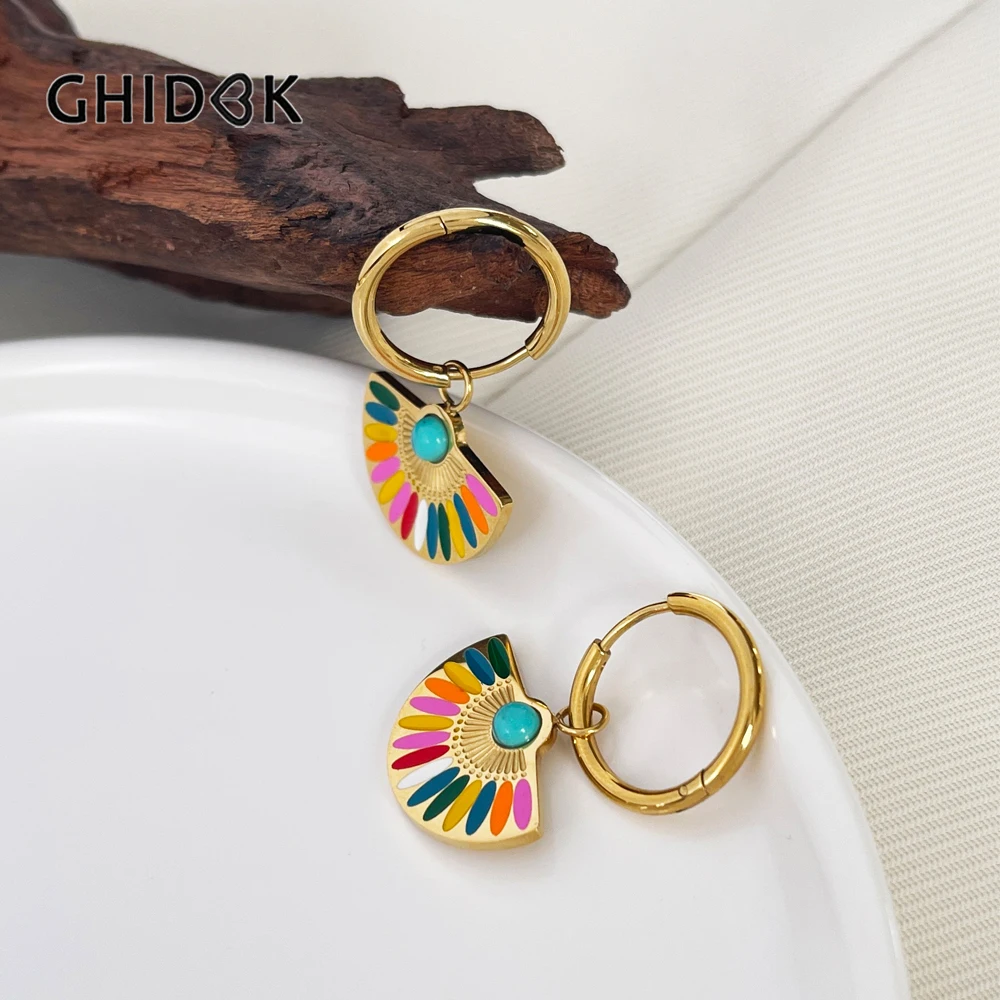 GHIDBK Stainless Steel Gold Pvd Plated Fan Shaped Enamel Charm Hoop Earrings Women Waterproof Dainty Rainbow Dangle Earring