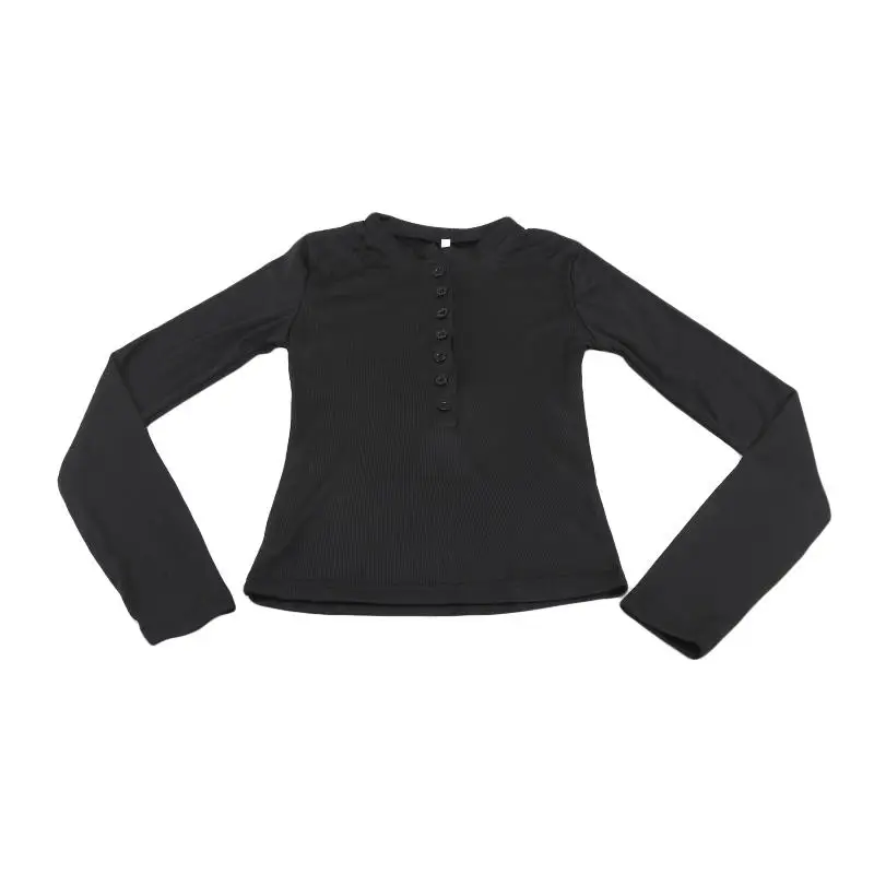 Trendiges Langarm-T-Shirt mit Knöpfen 2026 Neue Spicy Girls Figurbetonte Schlankmachende Basic-Oberteile Vielseitige Lässige O-Ausschnitt Einfarbige T-Shirts – Detail 6