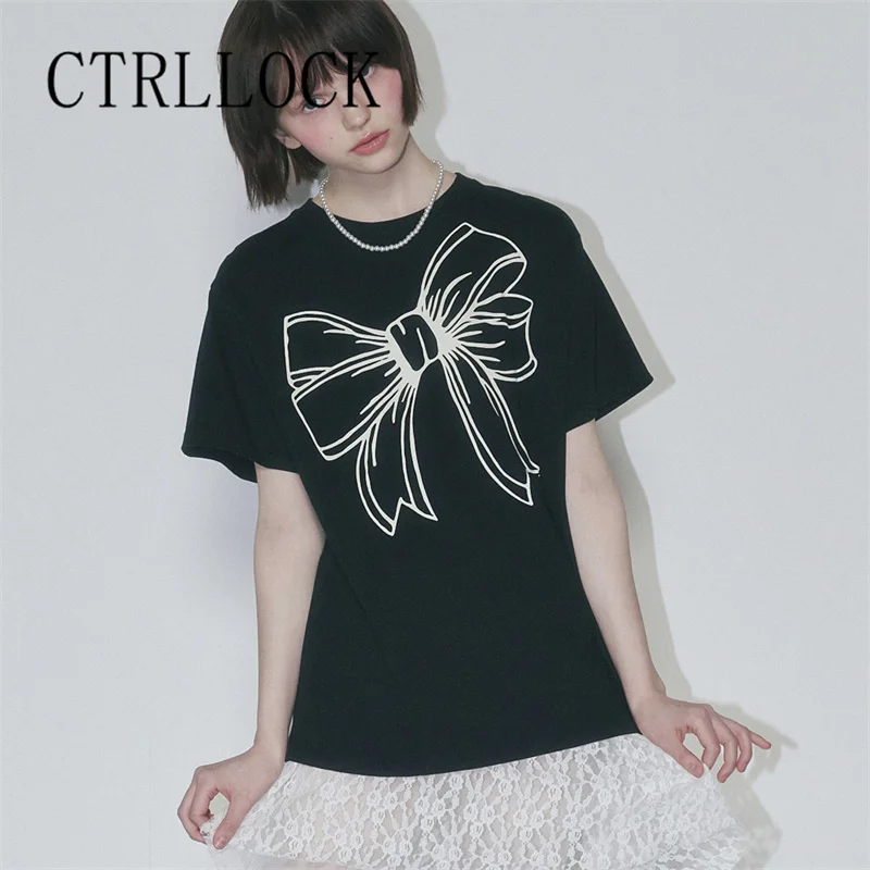 CTRLLOCK Sweet Bowknot Summer New Short Sleeve Preppy Style Loose T-shirt For Women