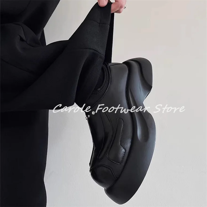 

Punk Rivet Chunky Bottom Wedges Loafers for Men Breathable Black Leather Slip-on Footwear Sneakers Male High Increasing Mules