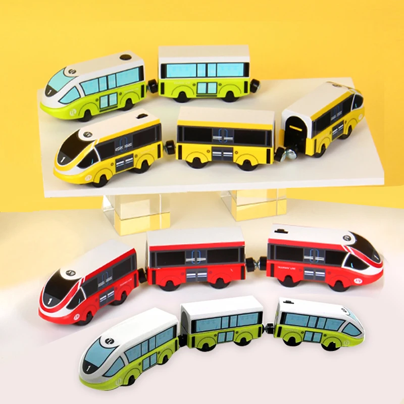 Ensemble de voie ferrée électrique en bois pour enfants, jouet de transport de voiture, compatible avec la voie ferrée en bois, cadeau multicolore, W04