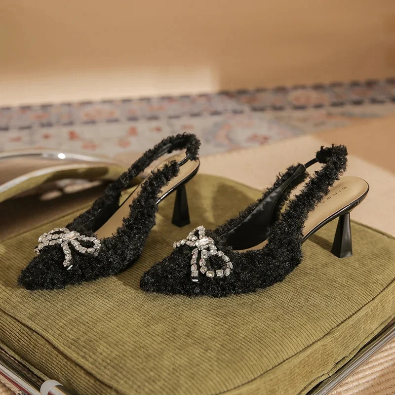 

EVACANDIS Sheepskin High Heels Lamb Hair Hair Shoes Women Fine Heels High Quality New Baotou Rhinestone Bow Single Shoes