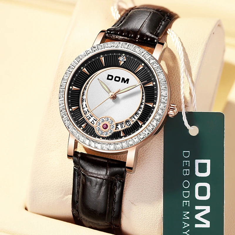 

DOM 1755 Luxury Diamond Black Bracelet Quartz Watches For Women Leather Ladies Sports Dress Wrist Watch Clock Relogio Feminino