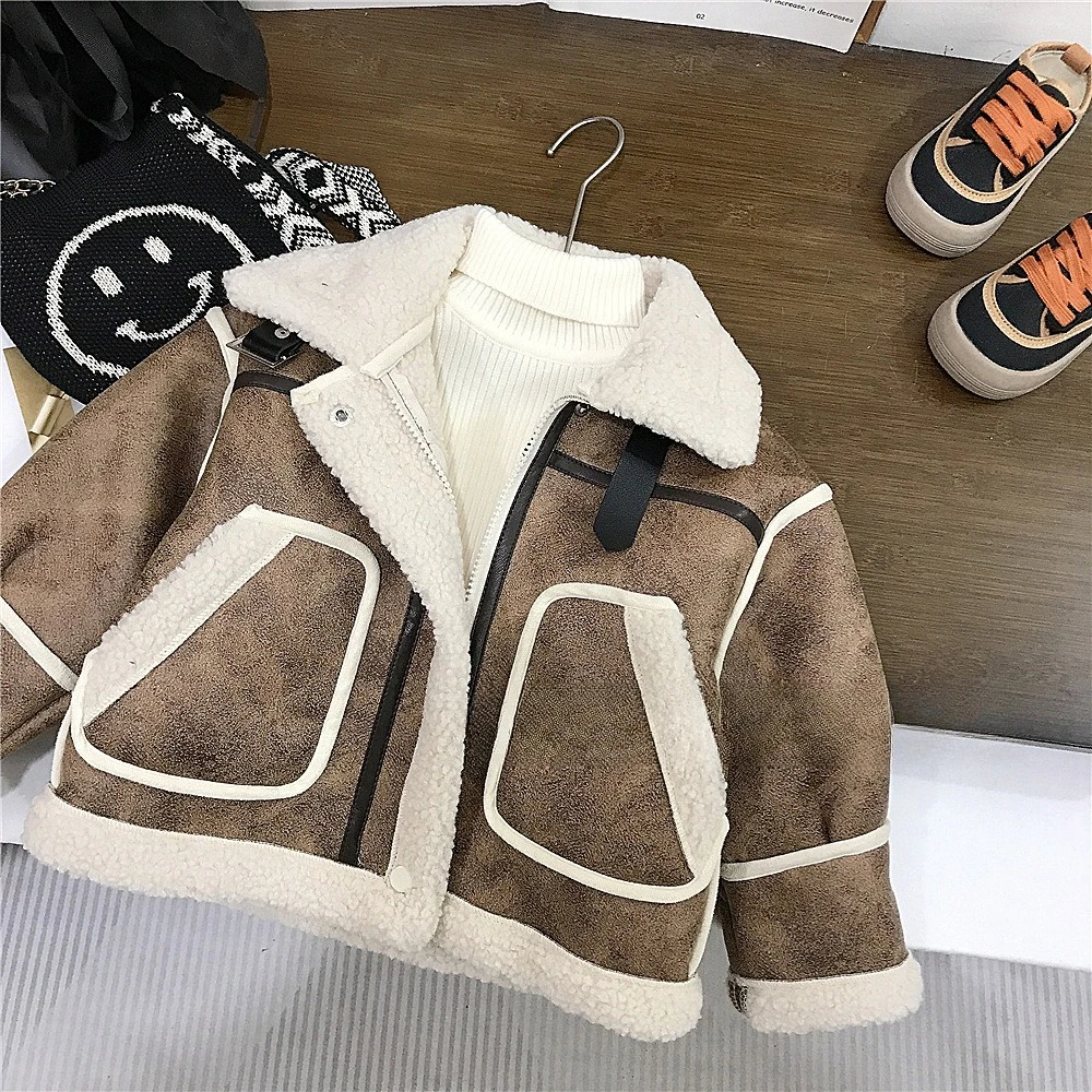 Children Fur Coat 2025 Winter New Cool Baby Boy's Coat Leather Motorcycle Clothes Plus Velvet Girl's Warm Outerwear