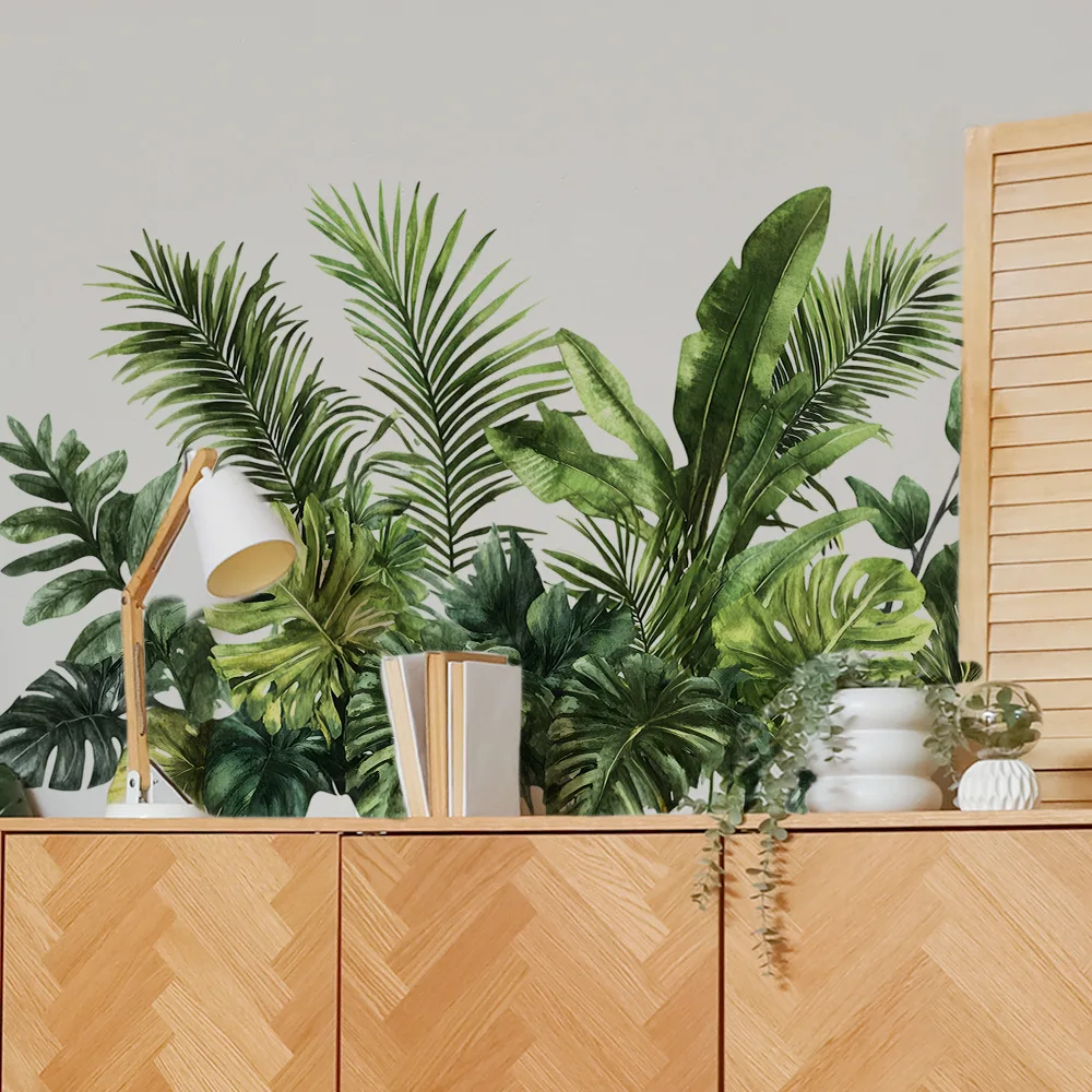 Watercolor Tropical Green Plants Wall Stickers, Removable Monstera Palm Leaf Decals, Peel and Stick Decor for Living Room view 5