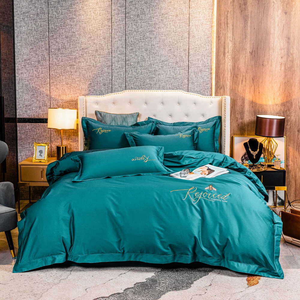

2022 Newest Long-staple Cotton Four-piece Bed Linen New Stitching Embroidery Plain Cotton Bedding Light Luxury Style Bright Gree