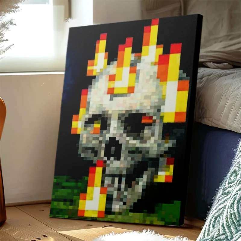 1pc Pixel Flaming Skull Wall Art: Polyester 2D Flat Print. Frameless Decor for Bedroom/Living Room, Edgy Home Accessory