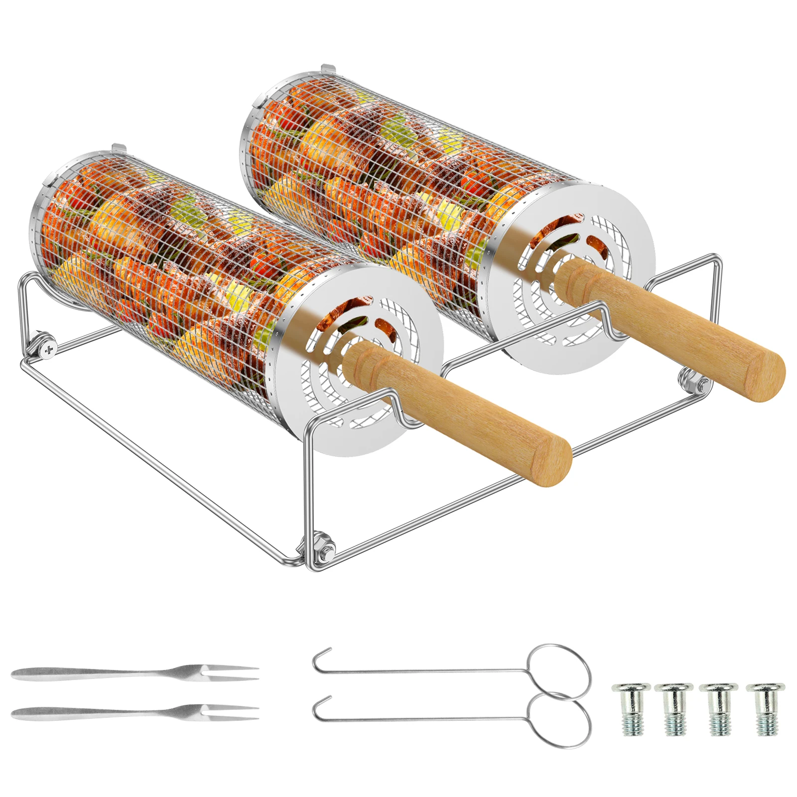 

1 комплект, корзина для гриля, корзина для барбекю из нержавеющей стали со съемной деревянной ручкой, корзина для гриля из нержавеющей стали для наружного гриля