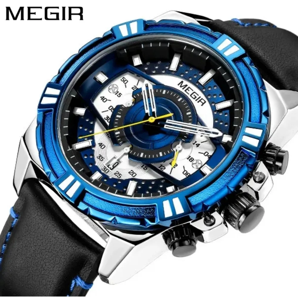 

MEGIR 2118 Men's Watch Fashion Hollow Dial Multifunctional Sports Chronograph Leather Strap Waterproof Quartz Watches for Male