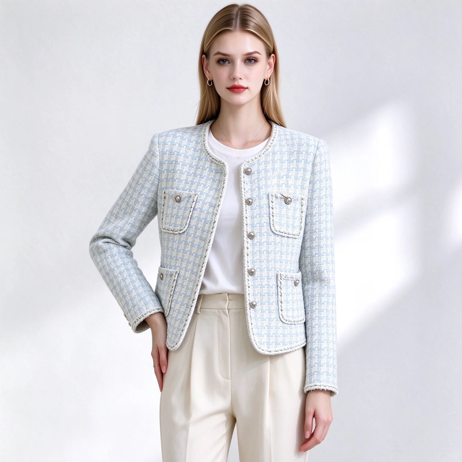 ZJYT Fall Winter Women Tweed Woolen Jackets and Coats Plaid Full Sleeves O Neck Casual Elegant Outerwears Female Tops 2026 New