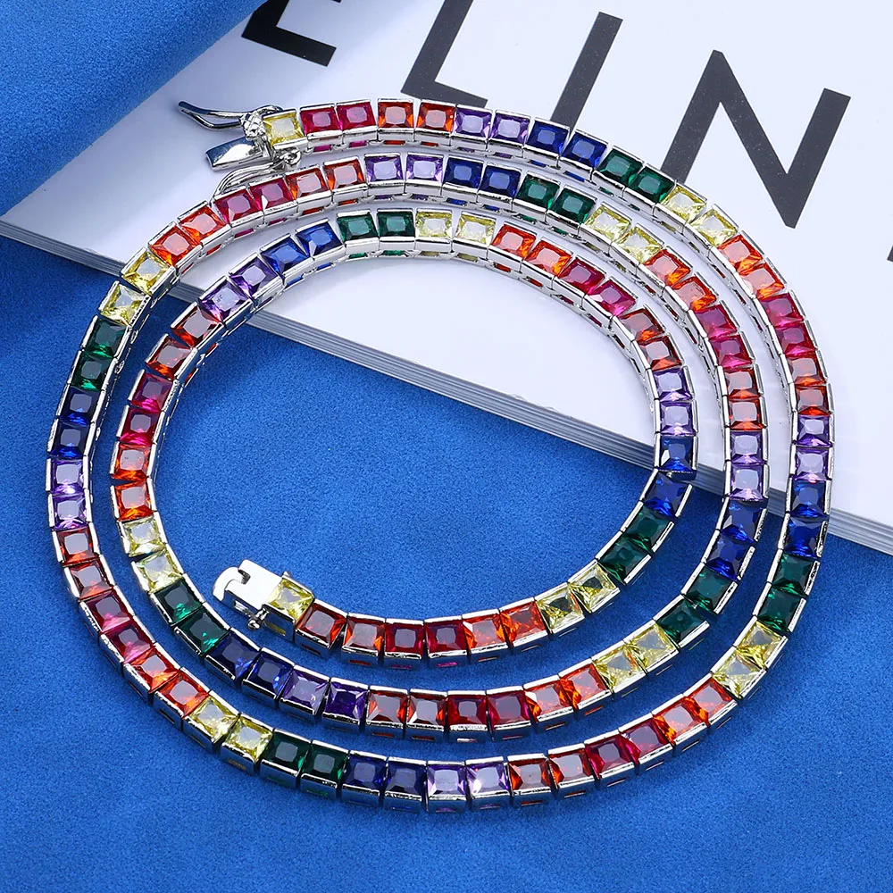 

Custom Rainbow Colorful Rectangle CZ Diamond Tennis Chain Iced Out Bling Cubic Zircon Choker Jewelry Gold Color Plated for Women