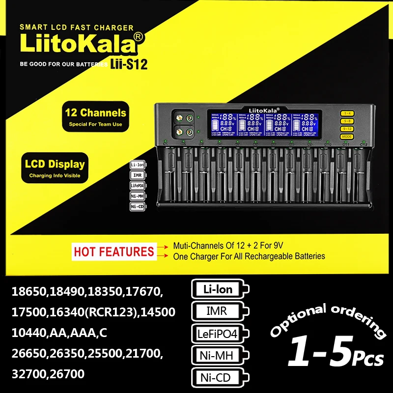 

1-5PCS LiitoKala Lii-S12 12-Slot 18650 Battery charger For 20700 26650 21700 14500 10440 16340 1.2V 3.7V battery