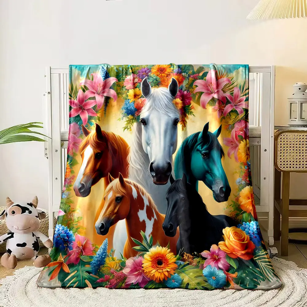 1PC Tropical Flower and Horse Theme Printing Adult Children Warm Blankets Home Travel Car Soft and Comfortable Luxury Gifts
