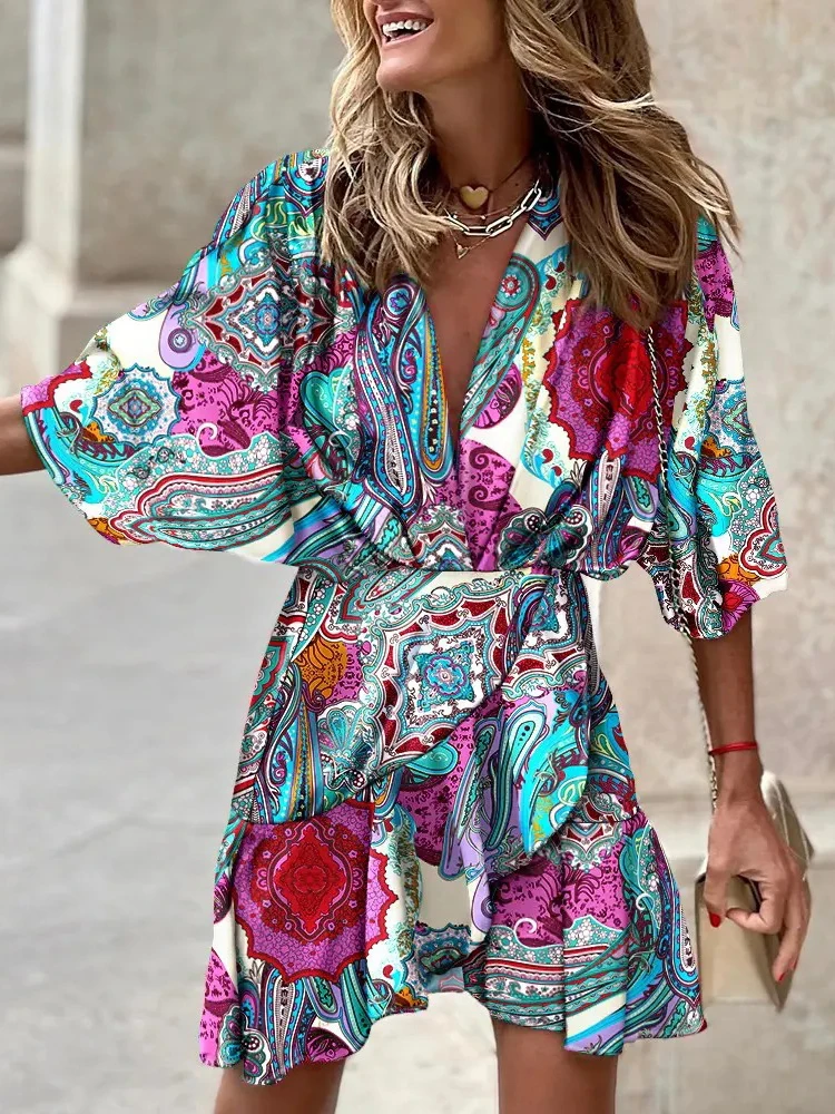 Casual Print Beach Women Sundress Fashion Ruffl V Neck Half Sleeve Irregular Mini Dress For Woman 2022 Autumn Bat Sleeve Clothes