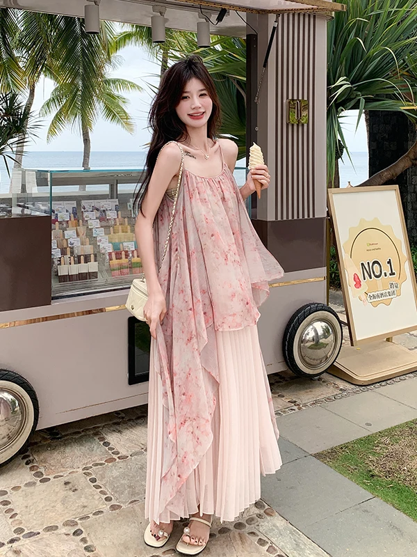 

Лето 2025: Новая женская длинная юбка-трапеция с высокой талией в корейском стиле, розовая, с градиентным цветовым переходом, для пляжного отдыха, стройнящая фигуру