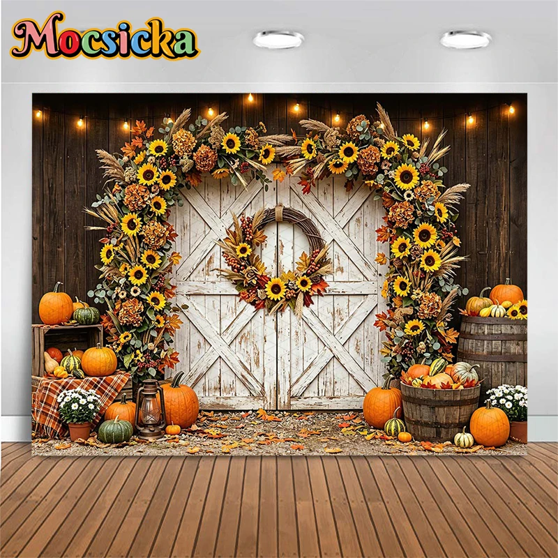 Mocsicka Fall Backgrounds For Photographs Autumn Pumpkin Party Backdrop Wooden Door Wedding Decorations Photo Studio Wallpaper