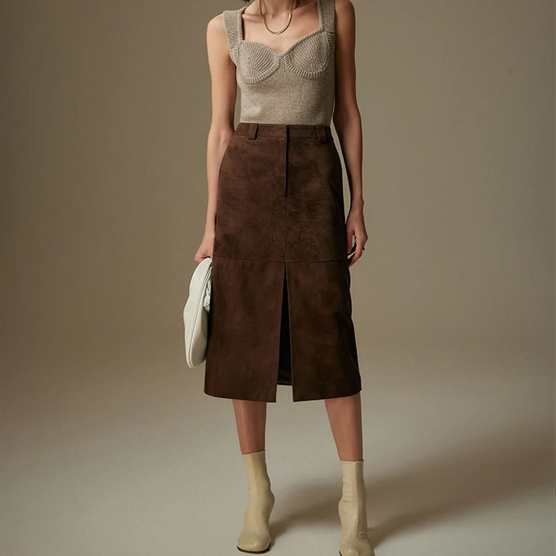 Vintage Brown Genuine Sheepskin Leather Skirt for Women 2024 New Fashion Ladies Front Split High Waist Sheepskin Suede Skirts