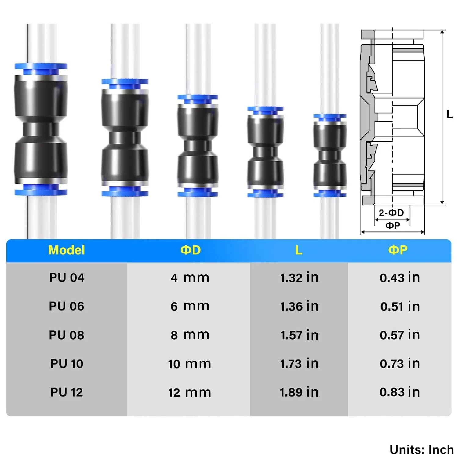 60Pcs Quick Pneumatic Fitting Push In Connector Straight Assortment 4 6 8 10 12mm
