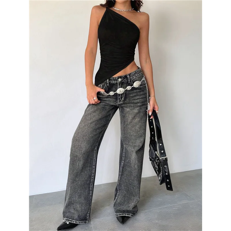 

A83F-Womens 2025 Summer Y2K Tops Sleeveless One Shoulder Slim Fit Shirts Knit Asymmetrical Top Blouse Black L