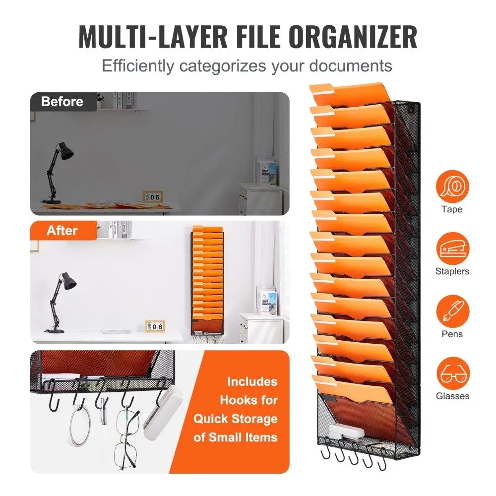 Hanging Wall Files Organizer 16Tier Vertical Wall File Holder Metal Wall Mounted  Mail Paper Document Storage Folder
