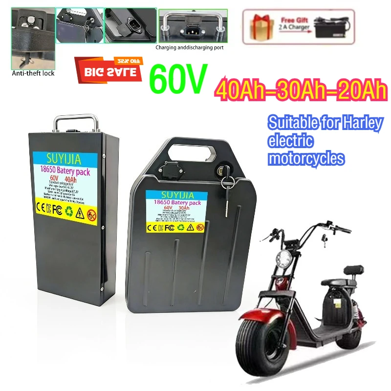 60V 40Ah 30Ah 20Ah 18650 Lithium Battery Pack for Harley Electric Scooter Rechargeable, BMS Protection, Long Range +Free Charger