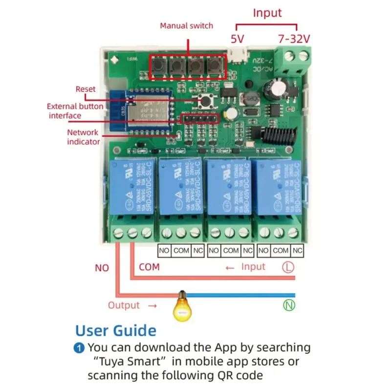 Graffitituya wifi+RF433MHZSingle-channel relay module with momentary, self-locking, interlocking, and remote control functions