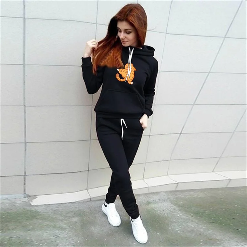 بدلة رياضية بنمط قطة سمينة إبداعية للخريف والشتاء، سويت شيرت كاجوال بقلنسوة بأكمام طويلة مع خصر برباط مرن