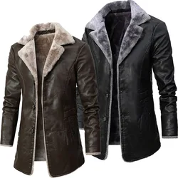 2024 Men's Mid-length Leather Jacket Middle-aged Autumn and Winter Business Fleece Big Lapel Blazer Fur Plush Mens Trench Coat