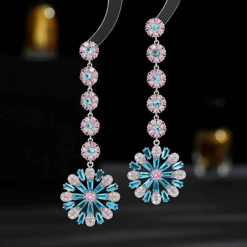 Exquisite Shiny Glossy Tassel Sun Flower Shape 83x28mm Zircon Crystal Dangle Stud Earrings For Women Nice Jewelry Gift