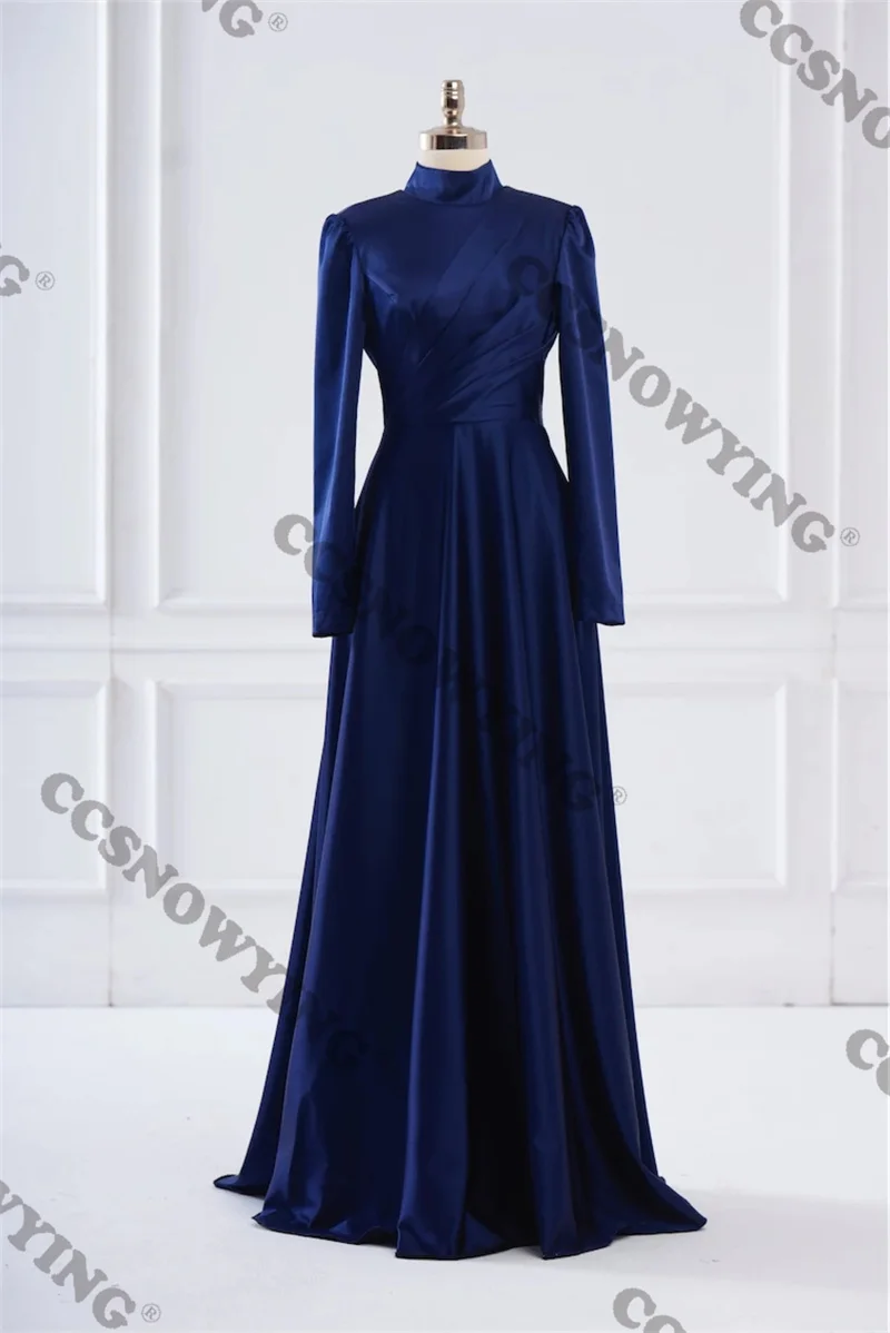 

Fashion Long Sleeve Muslim Evening Dresses Satin Islamic Prom Formal Party Gown High Neck A Line Hijab Saudi Arabia Kaftan