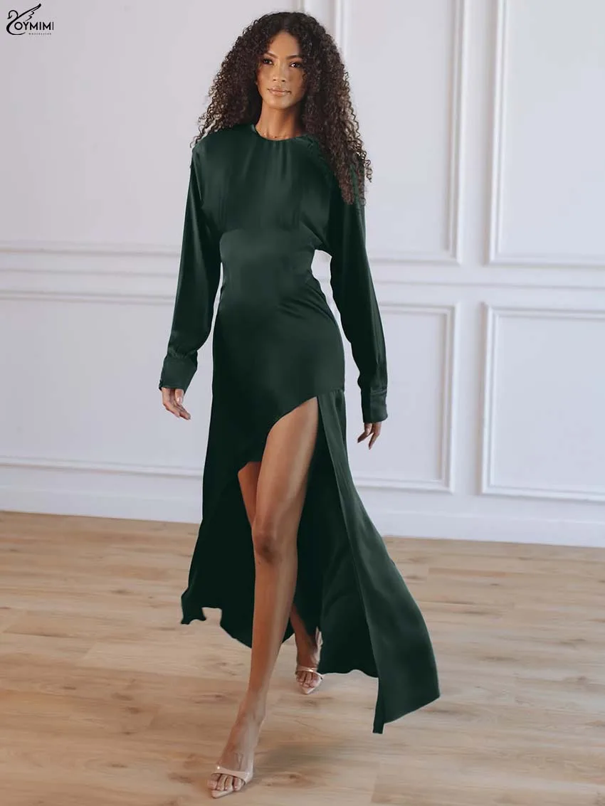 

Oymimi Fashion Green O-Neck Women's Dress Elegant Long Sleeve High Waisted Dresses Causal New Asymmetrical Ankle-Length Dresses