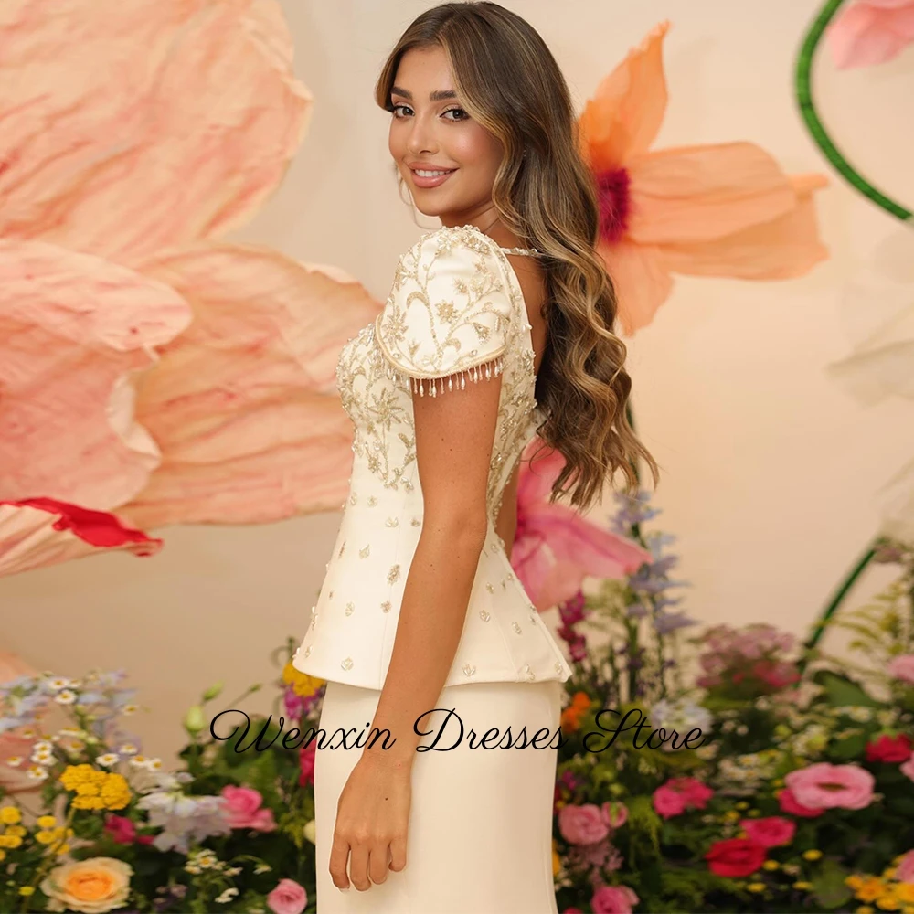Romantic Ivory Jersey Evening Dress Customized Square Collar Short Sleeves Prom Dress Modern Court Train Special Occasion Gowns image 5