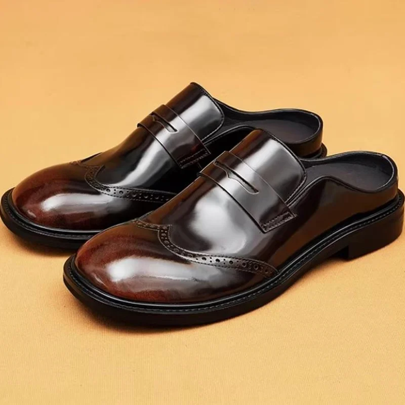 

Мужские кожаные мюли на платформе, модные повседневные туфли без шнурков с круглым носком из натуральной кожи