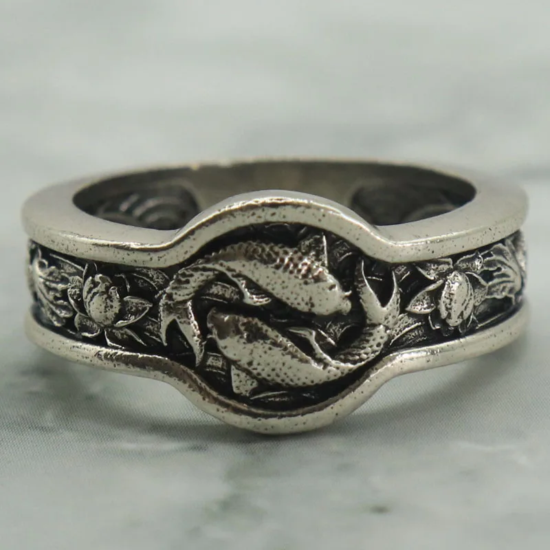 Buy 3 Get 1 Free twin koi chase each other’s tails into a circle, dark scales and gold weaving through the vortex Women Rings
