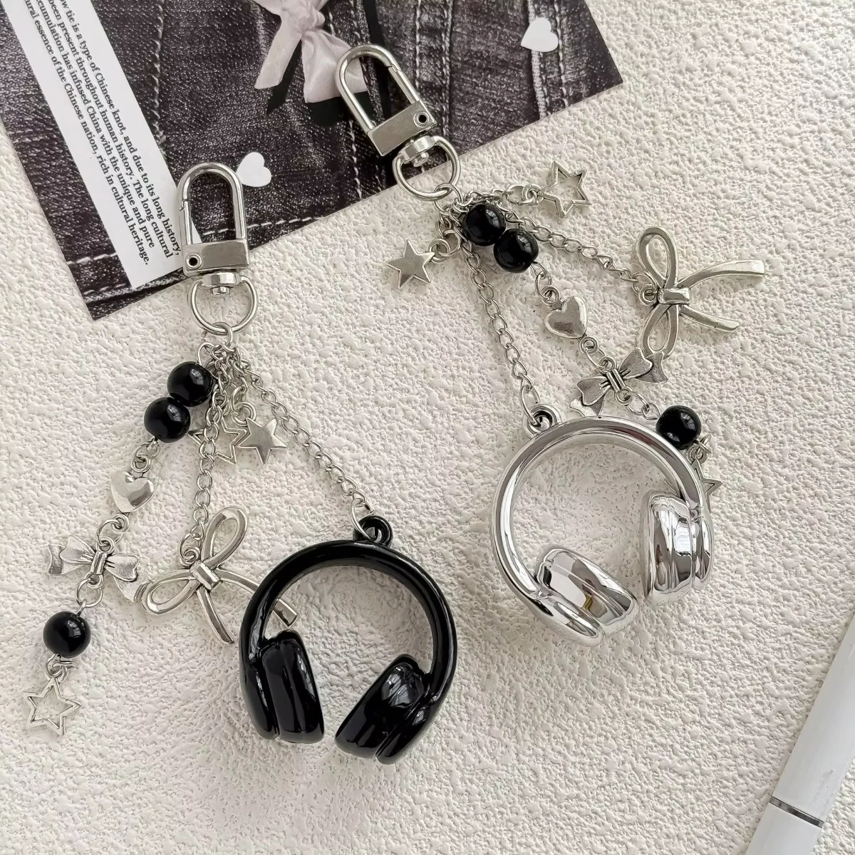 Y2k Gothic Headphone Keychain Silver Metal Star Bow Beaded Tassel Charm Trendy Aesthetic Bag Pendant For Teen Girls Best Friend image 5