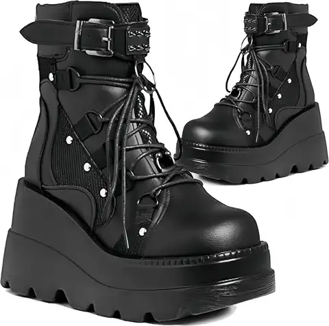 Femmes Goth Cosplay Wedge Combat Bottines Mode Élégant Punk Boucle À Lacets Fermeture Éclair Robe Bottes Dames Chaussures D'extérieur D'été