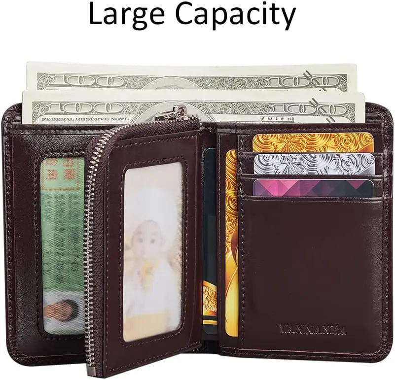 VANNANBA Genuine Leather Wallets for Men with Zipper Coin Pouch,RFID Blocking Bifold Front Poacket Multi Card Holder Wallet