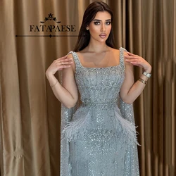 FATAPAESE Prom Dress Arabic Tea Length Beaded Gold Feather Formal Dresses Cape Sleeve 20S Evening Party