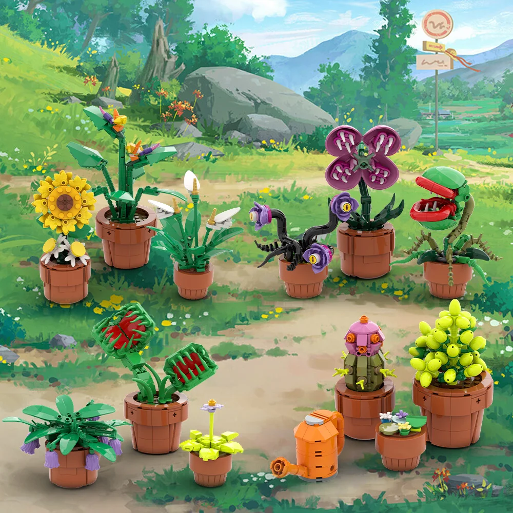 Gobricks MOC potted tropical plants Building Blocks Model Creative Carnivorous Plant Bricks diy Assembled Toy Children Gift