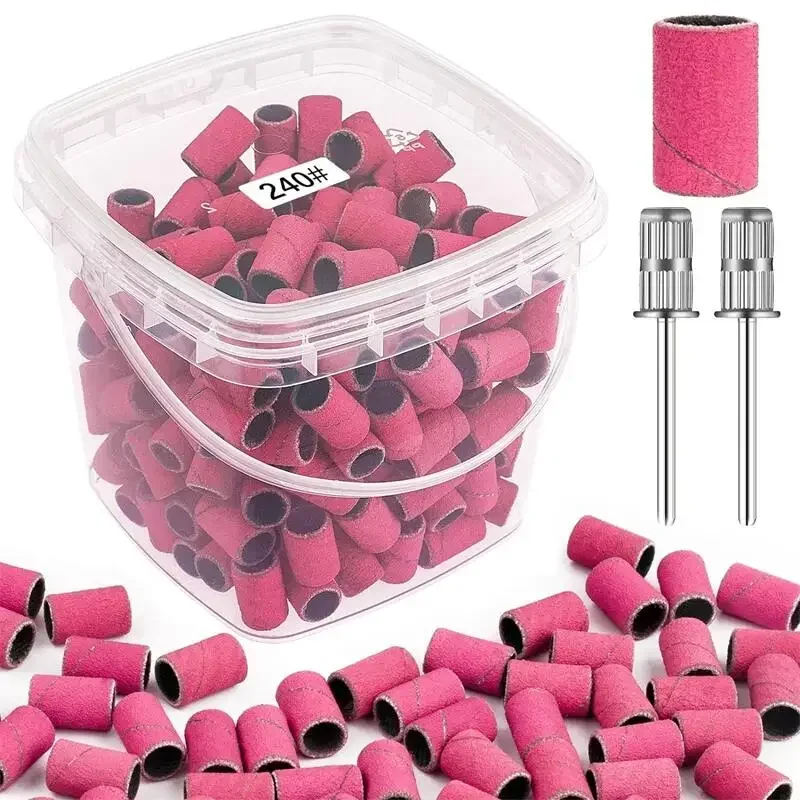 

200pcs nail art Sanding Bands 80 120 180 240 Grit with 2Pcs Nail Drill Bits for Manicures and Pedicure accessories