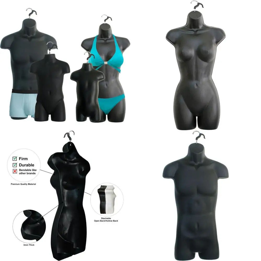 

Hanging Mannequin Set for Male, Female, Child, and Toddler - Hollow Back Plastic Body Forms for Display Purposes