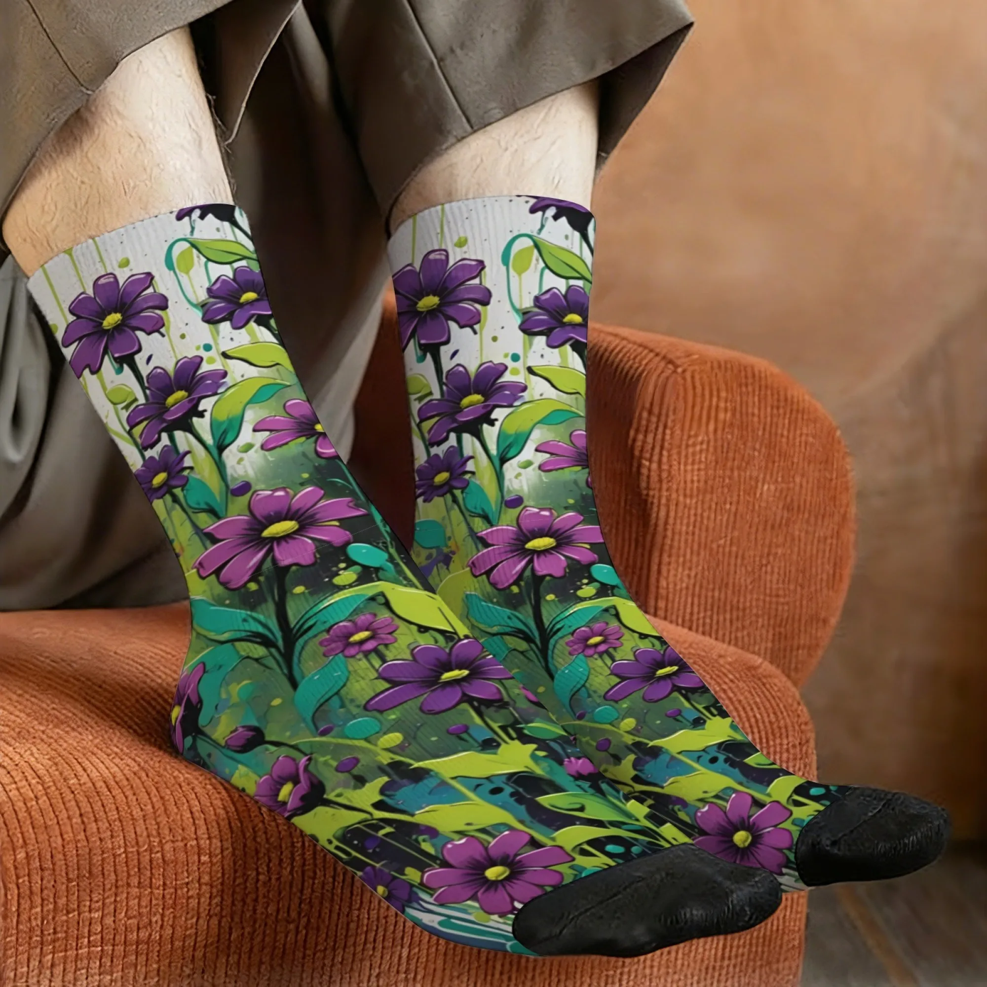 Graffiti floral print men's socks, comfortable, breathable non-slip casual novel street style retro trendy crew socks party gift